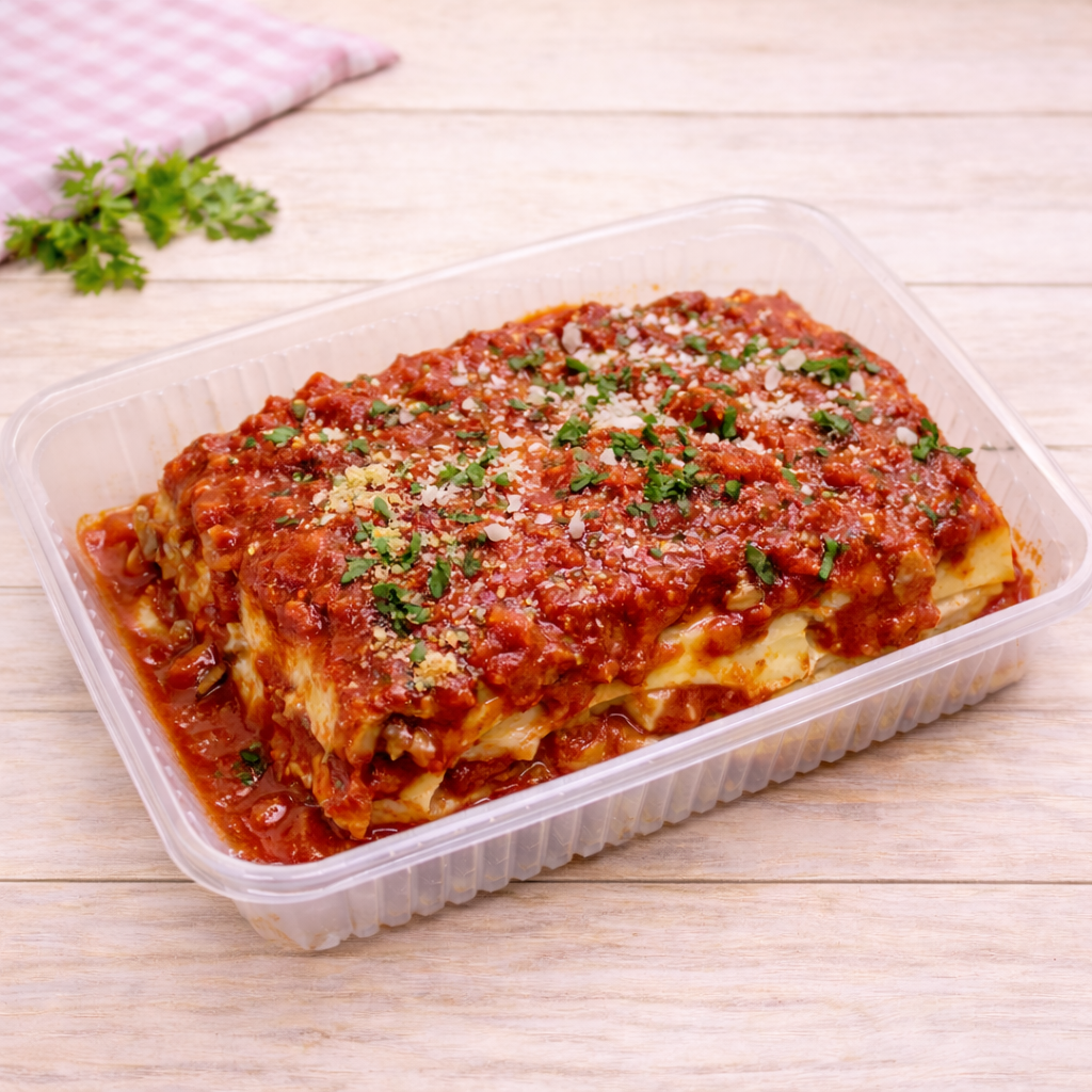 Lasaña de espinaca, ricota, jamon y queso con bolognesa