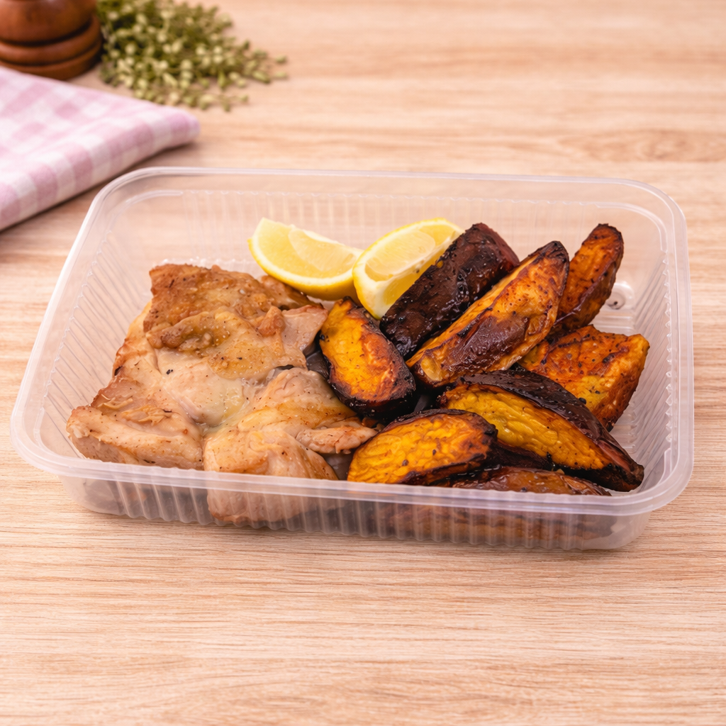 Pata muslo grillada con batatas al romero