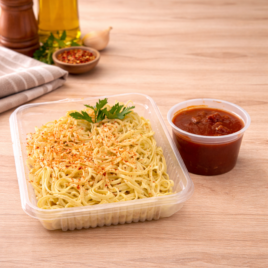 Fideos caceros al huevo con bolognesa