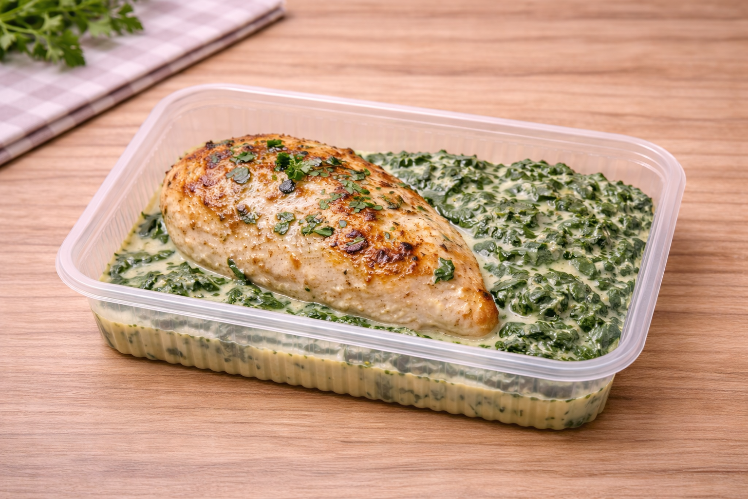 Pechuga de pollo al puerro, con espinacas a la crema